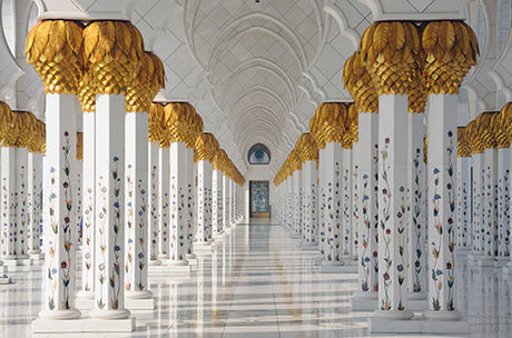 Interior design of Abu Dhabi lobby showcasing symmetrical classical architecture, columns, and ceiling light fixtures.