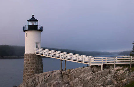 Acadia National Park wall art featuring a lighthouse on rocky coast with oceanic landforms
