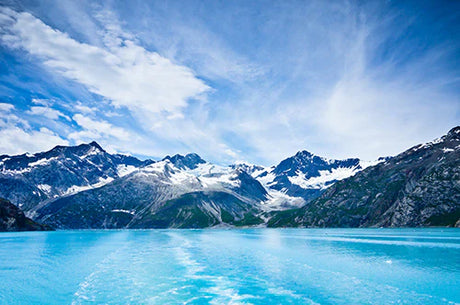 Glacial mountain range in Alaska featuring a serene body of water as wall art