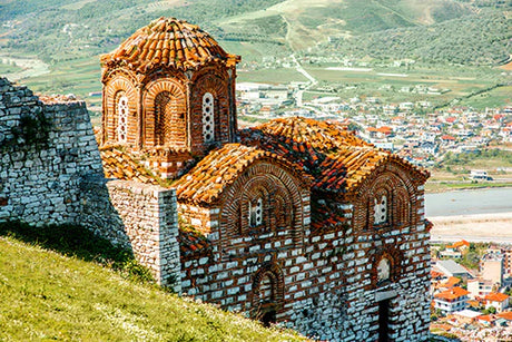 Medieval Byzantine monastery, historic arch and tourist attraction in Albania wall art collection