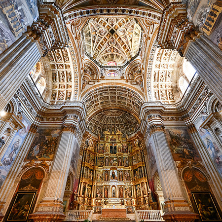 Baroque cathedral interior in Andalucía, Spain with ornate golden altar and detailed ceiling – elegant Spanish architecture wall art for home or office décor.