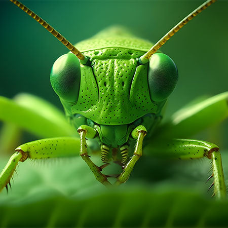 Animals and birds wall art featuring a vivid close-up of a green grasshopper with detailed eyes and textures — Animals & Birds wall art collection for nature lovers.