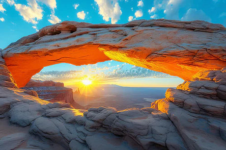 Sunrise illuminating a natural arch in Arches National Park amidst blue rock terrain and badlands