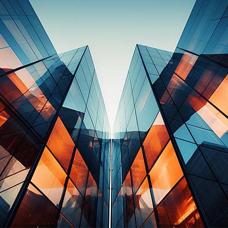 Modern architectural abstract wall art featuring reflective glass buildings with warm orange lighting, part of the Classic Architectural Abstracts collection — contemporary decor for modern interiors.