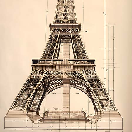 Vintage architectural illustration wall art of Eiffel Tower blueprint drawing, Paris-themed design print for classic and industrial home decor