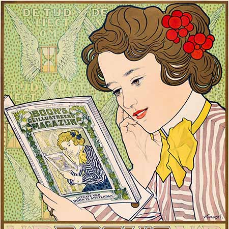 Vintage Art Nouveau wall art poster of a young woman reading an illustrated magazine, featuring floral patterns and ornate detailing, ideal for classic home decor or retro art collections.