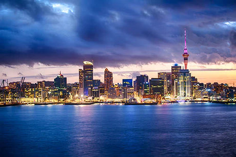 Daytime cityscape of Auckland's skyline with skyscrapers, high-rise buildings, and water horizon