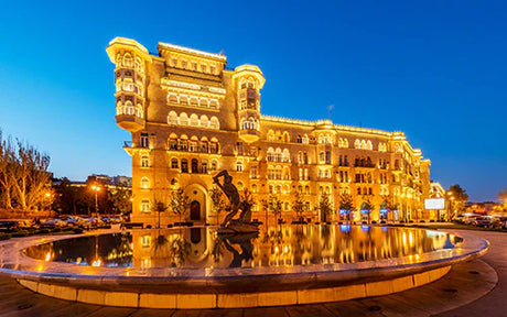 Azerbaijan cityscape wall art featuring metropolitan architecture landmarks at midnight