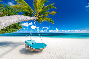 Summer beach scene in Bahamas with blue sea, hammock, outdoor furniture, and coastal landforms