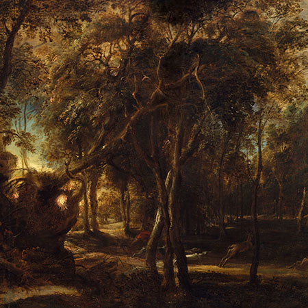 Dramatic Baroque forest landscape painting with rich light and shadow contrasts, perfect for classic Rococo-style wall decor and art collections.