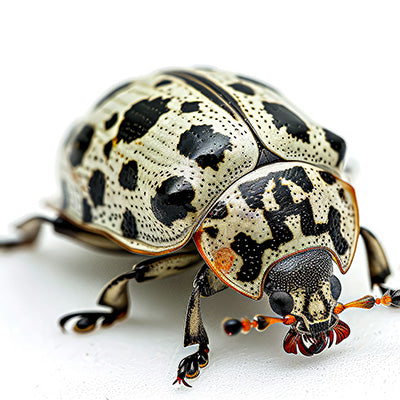 Beetle wall art featuring close-up of intricately patterned black and white beetle on white background, fine art insect print for modern nature decor
