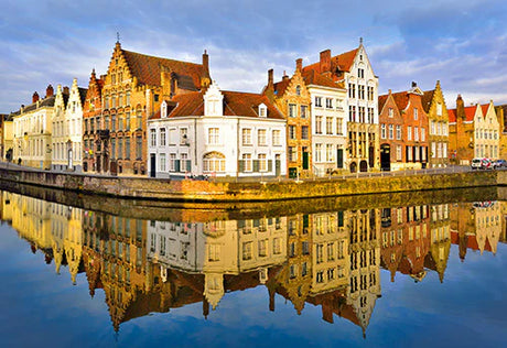Belgian cityscape wall art featuring reflective waterway and historic buildings