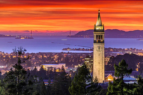 Berkeley collection wall art featuring a bird's-eye view of a clock tower at dusk