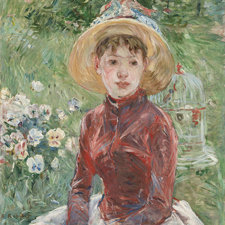 Self-portrait of Berthe Morisot in modern art style using acrylic and watercolor paints, featuring a sun hat