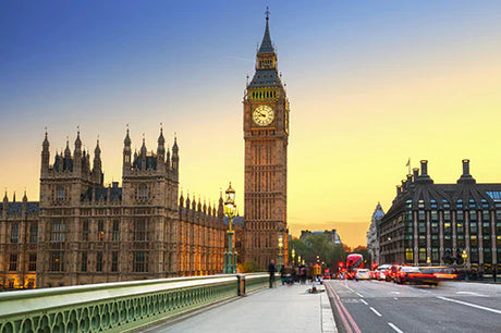 Big Ben clock tower landmark in metropolitan area, popular tourist attraction with spire and steeple.