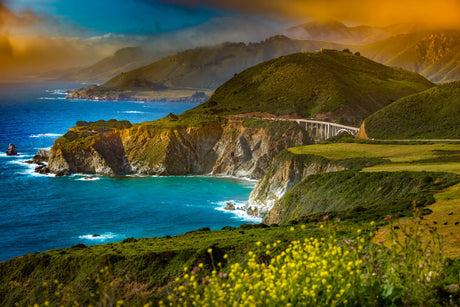 Big Sur coastal landscape wall art featuring mountainous terrain, highland and sea views