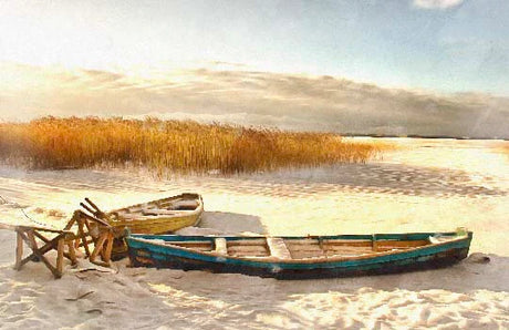 Watercolor painting of boats, skiff and canoe on a coastal shore with boating equipment
