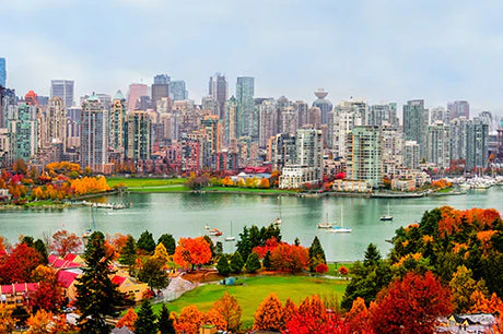Stunning British Columbia cityscape with skyscrapers, lake, and natural landscape wall art