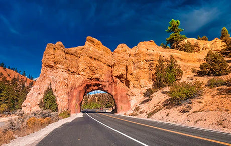 Bryce National Park wall art featuring geological rock formations, natural arch, bedrock outcrop, and scenic highway