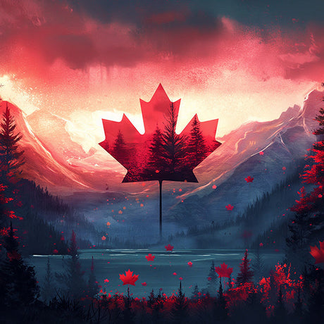 Red sunrise reflecting on a loch in the Lake District, celebrating Canada Day with evening afterglow wall art.