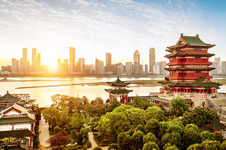 Red Pagoda and skyscrapers in a metropolitan Chinese city, featuring Japanese architectural elements