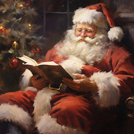 Traditional Christmas wall art featuring Santa Claus reading a book by the tree, with warm festive lights — Christmas wall art collection for holiday home decor.