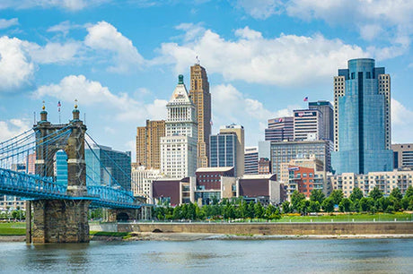 Daytime view of Cincinnati metropolitan area with high-rise buildings and blue water