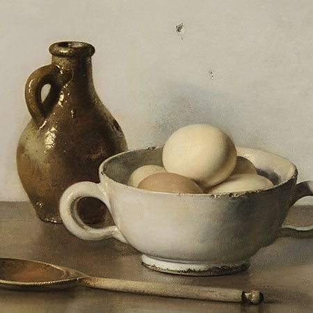 Cookware wall art featuring a rustic ceramic bowl filled with eggs, vintage jug, and wooden spoon — Cookware wall art collection for farmhouse kitchen decor.