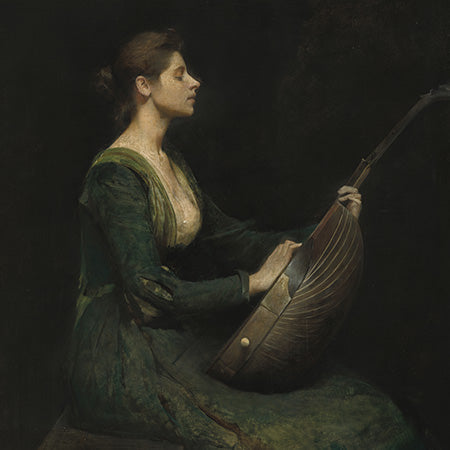 Moody Dark Academia wall art featuring a woman in vintage attire playing a lute, ideal for intellectual gothic-inspired home decor.