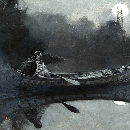 Mysterious Dark Moody wall art showing a moonlit boat scene with a somber man and a resting figure, perfect for gothic romantic decor.