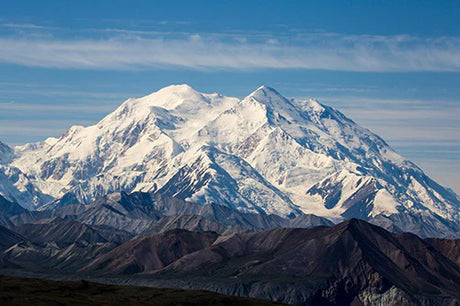 Snow-covered Denali National Park mountain range wall art featuring winter highland wilderness