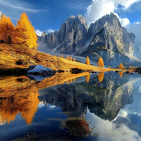 Dolomites wall art featuring jagged alpine peaks, golden autumn trees, and mountain reflections on a still lake — Dolomites Wall Art Collection for scenic European decor.