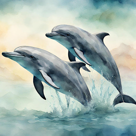 Dolphin wall art featuring two playful dolphins leaping from the ocean in a serene watercolor style, marine life artwork for coastal and beach decor