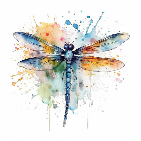 Dragonfly wall art featuring vibrant watercolor dragonfly with rainbow splatter background, artistic insect print for modern and colorful home decor