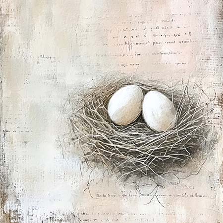 Rustic Easter wall art featuring two white eggs in a bird’s nest on vintage textured background — Easter wall art collection for farmhouse spring decor.