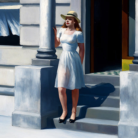 Edward Hopper collection wall art featuring fashion illustration of standing woman in cocktail day dress design.