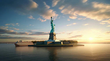 Dusk view of Statue of Liberty, a key landmark in Ellis Island collection, with morning clouds