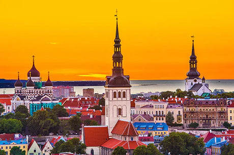 Estonian cityscape wall art featuring urban landmarks and towering steeples