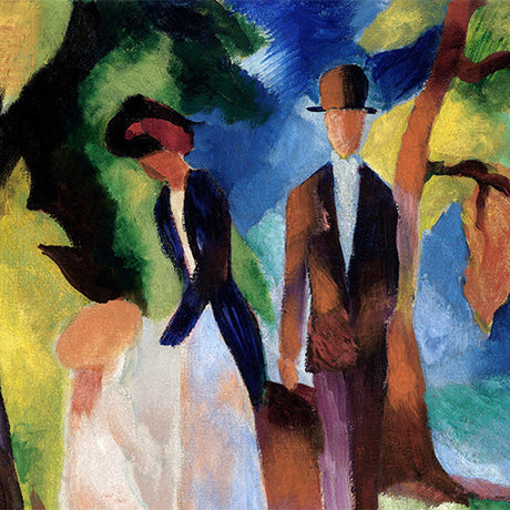 Colorful Expressionist painting of a man and woman in stylized forms and bold brushstrokes, perfect for modern art wall decor lovers.