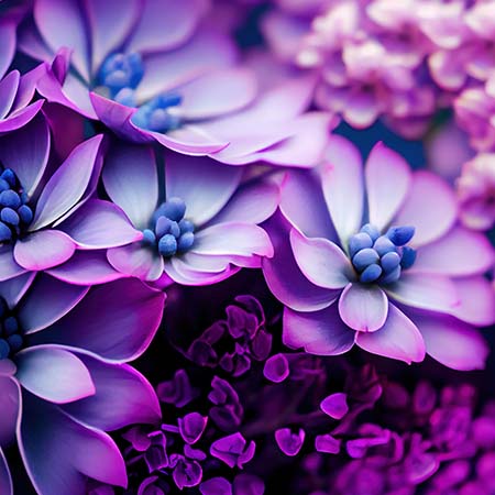 Floral wall art featuring a vibrant close-up of purple and violet blossoms with delicate petals and soft lighting — Florals wall art collection for botanical decor.