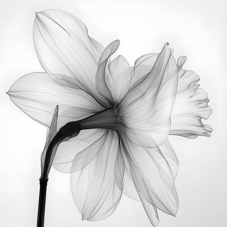 Black and white botanical wall art featuring a delicate flower in translucent sketch style