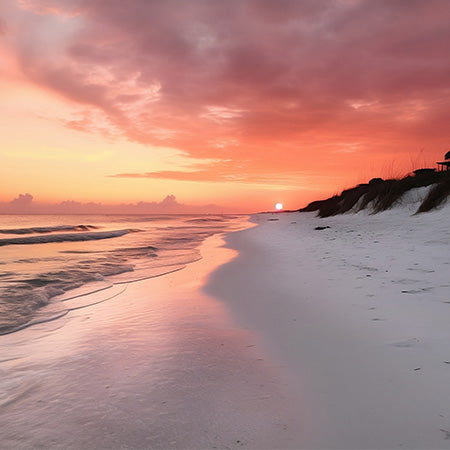 Fort Lauderdale beach at sunrise with soft waves, white sand, and pink-orange sky – tranquil coastal wall art for serene home or tropical office décor.