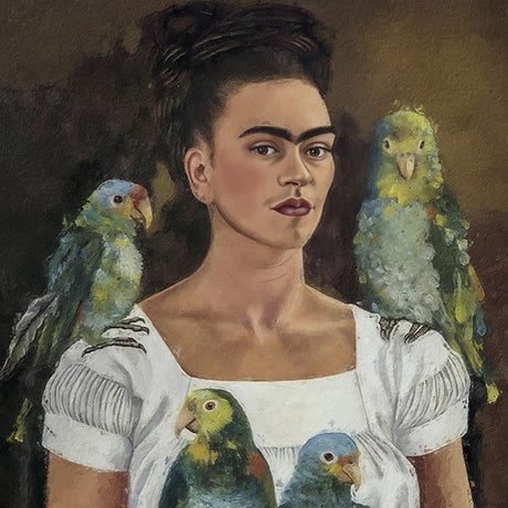 Frida Kahlo self-portrait painting featuring a vibrant parrot with colorful feathers in visual arts collection.