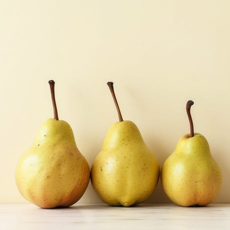 Still life photography of yellow European and Asian pears, natural superfood from the Fruits collection.