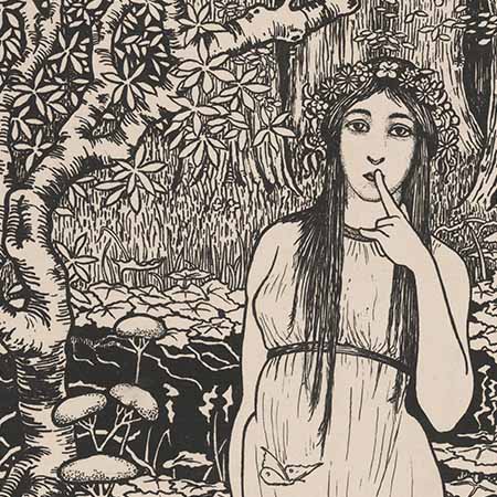 Vintage Gothic wall art featuring a mysterious woman in a forest with floral crown and finger to lips, ideal for dark fairytale decor.