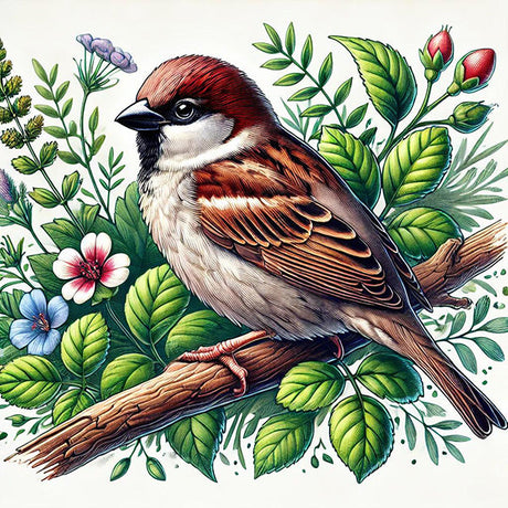Colorful Garden Birds wall art featuring a detailed house sparrow with prominent beak and feathers, ideal for adding a nature touch to your home decor.