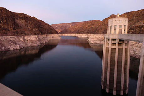 Artistic wall art image featuring the Hoover Dam, river, reservoir, and beautiful terrain reflections.