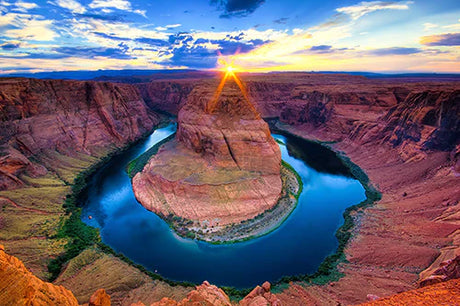 Horseshoe Bend wall art featuring a stunning natural landscape with geological formations, valley, river, and canyon.