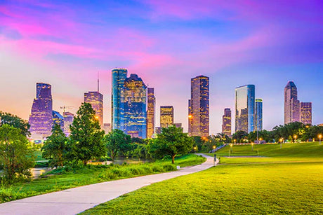 Daytime view of Houston's skyscrapers, high-rise buildings, and nature under a cloudy sky