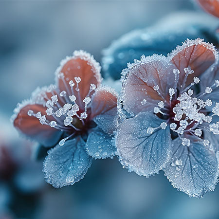 Ice and frost wall art featuring close-up of frozen flower petals with delicate ice crystals and cool blue tones — Ice & Frost wall art collection for winter decor.
